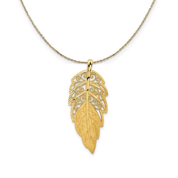 14k Yellow Gold Filigree and Diamond Cut Leaf Necklace - 20 Inch